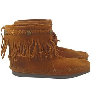 Womens Minnetonka 8.5 Hi Top Back Zip Moccasin Boot Brown Suede Fringe Style 292